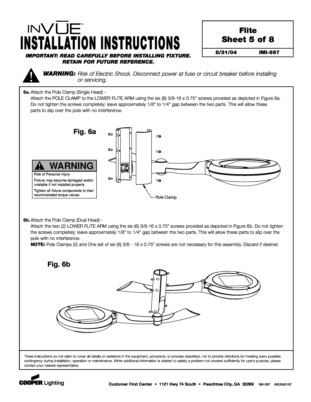 Cooper Lighting Sheet 5 of, b, Installation Instructions, Flite, Retain For Future Reference, 8/31/04 IMI-597 