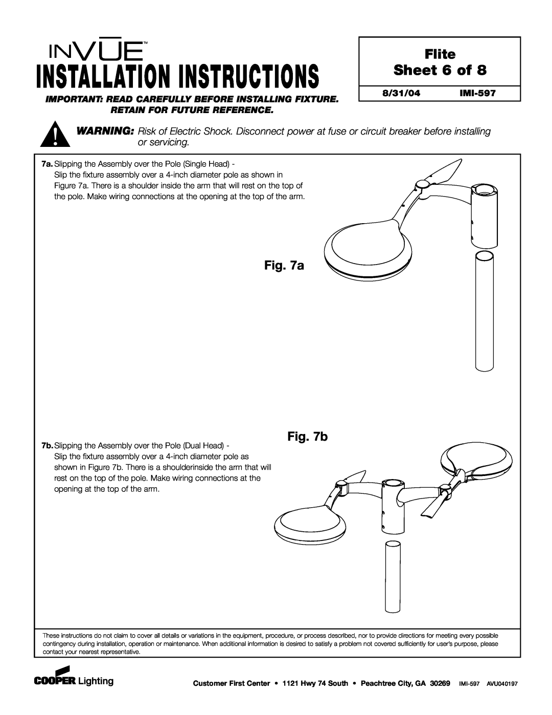 Cooper Lighting Sheet 6 of, a b, Installation Instructions, Flite, Retain For Future Reference, 8/31/04 IMI-597 
