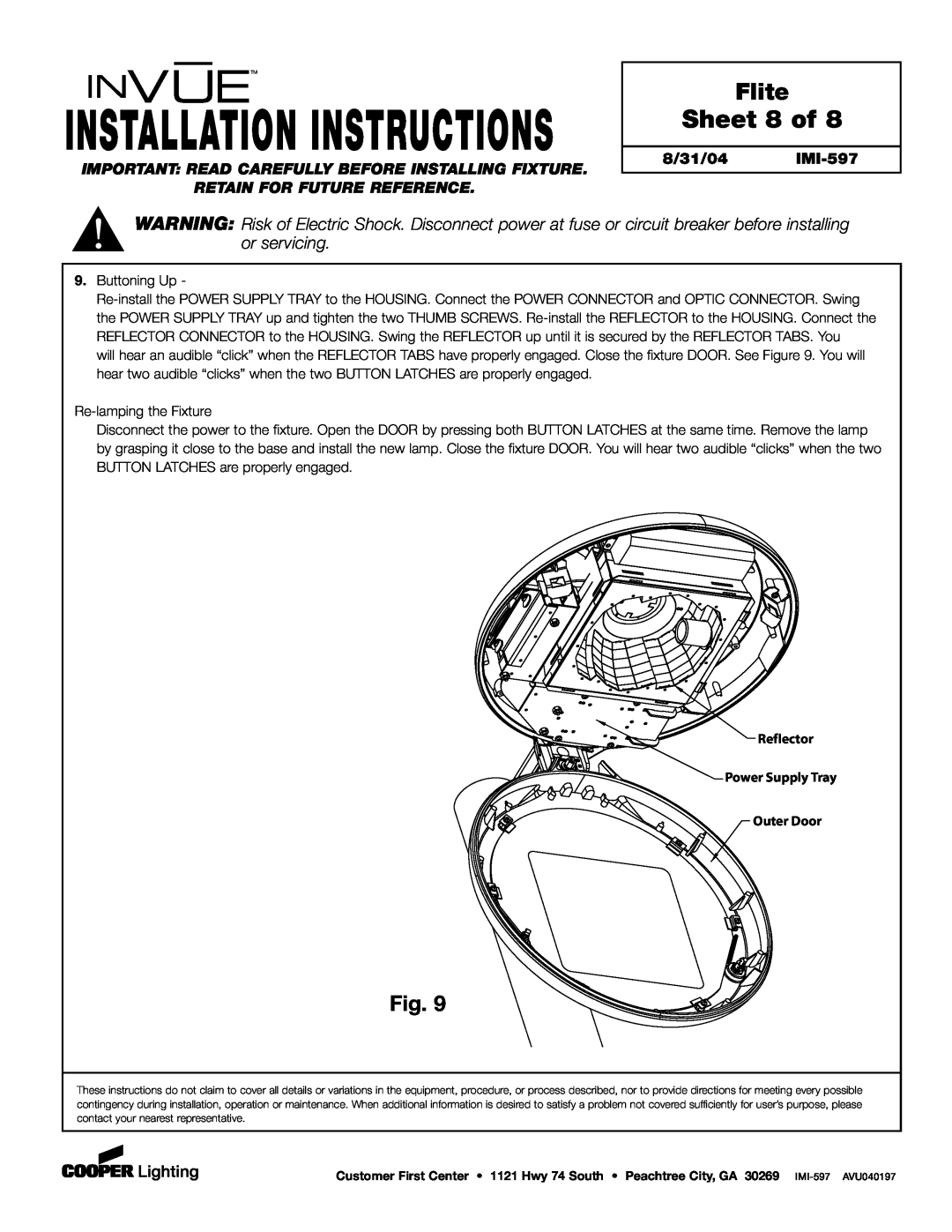 Cooper Lighting Sheet 8 of, Installation Instructions, Flite, Retain For Future Reference, 8/31/04 IMI-597 