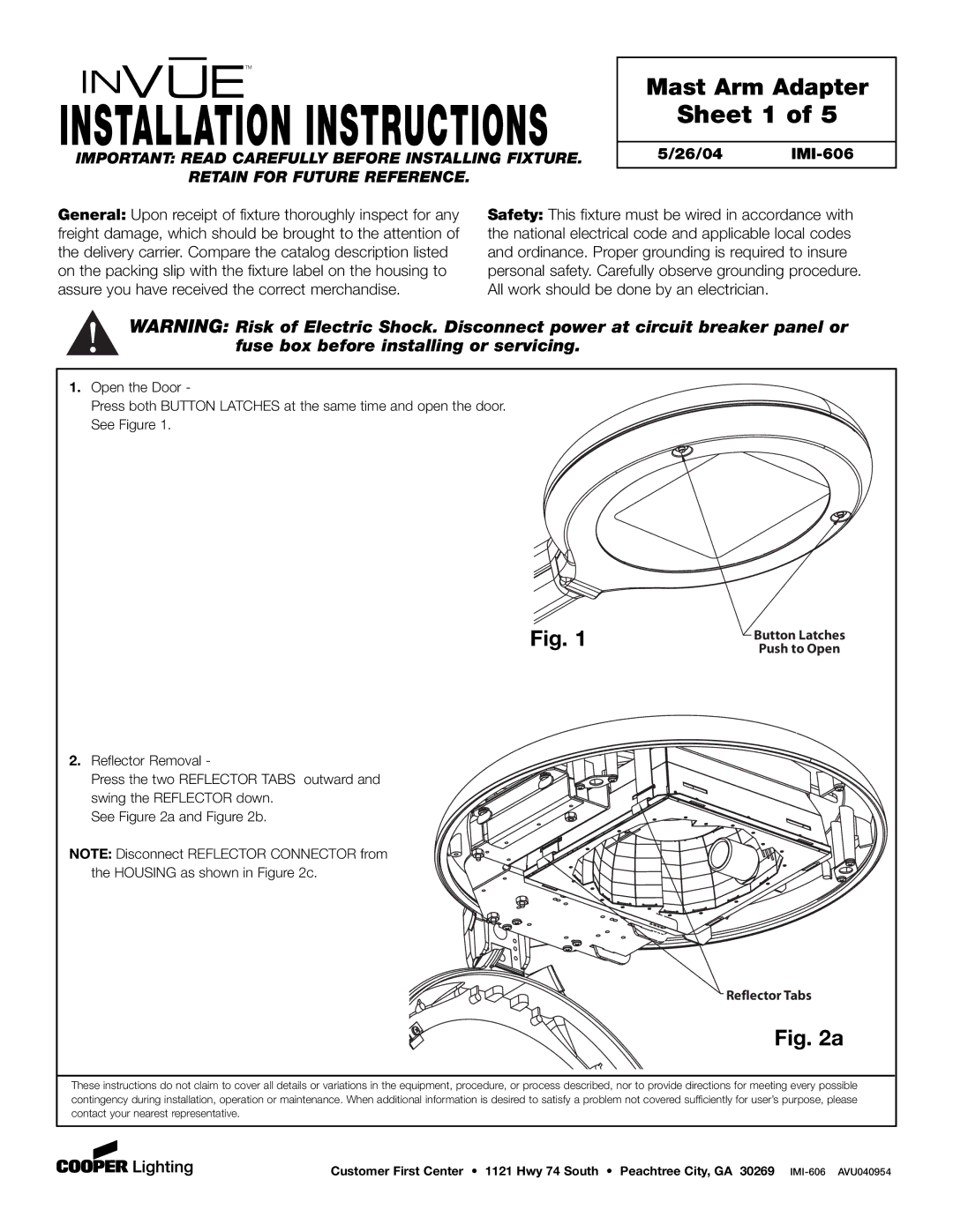 Cooper Lighting IMI-606 installation instructions Sheet 1, Button Latches Push to Open Reflector Tabs 