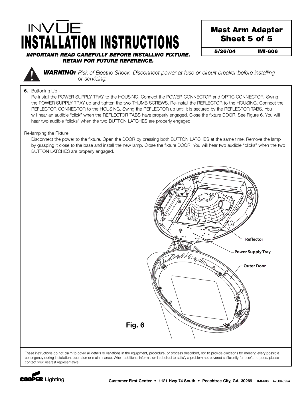 Cooper Lighting IMI-606 installation instructions Sheet 5, Buttoning Up, Reflector Power Supply Tray Outer Door 