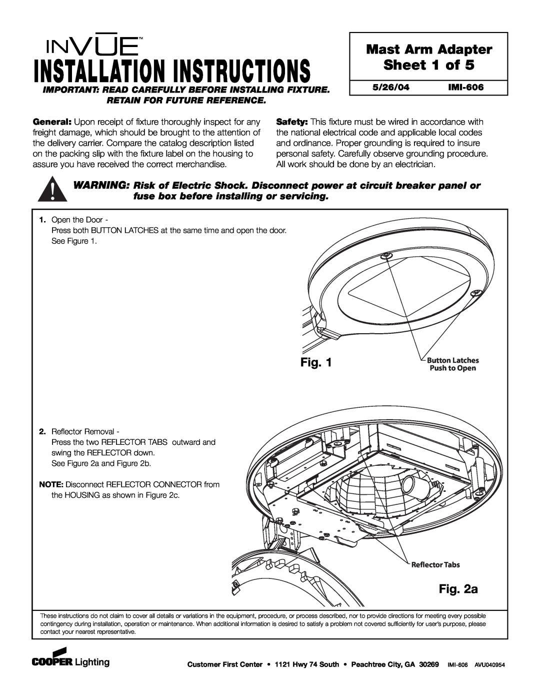 Cooper Lighting installation instructions Installation Instructions, Sheet 1 of, Mast Arm Adapter, 5/26/04 IMI-606 