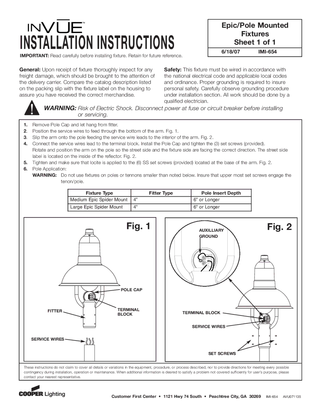 Cooper Lighting IMI-654 installation instructions Installation Instructions, Epic/Pole Mounted Fixtures Sheet 1 