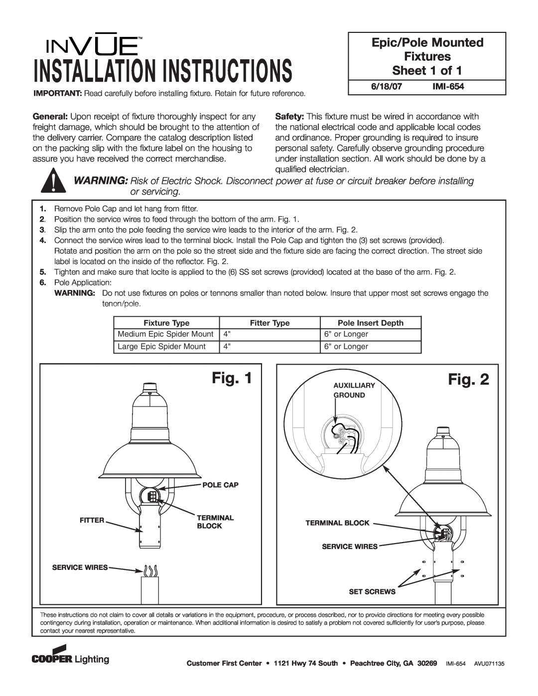 Cooper Lighting IMI-654 installation instructions Installation Instructions, Epic/Pole Mounted Fixtures Sheet 1 of 