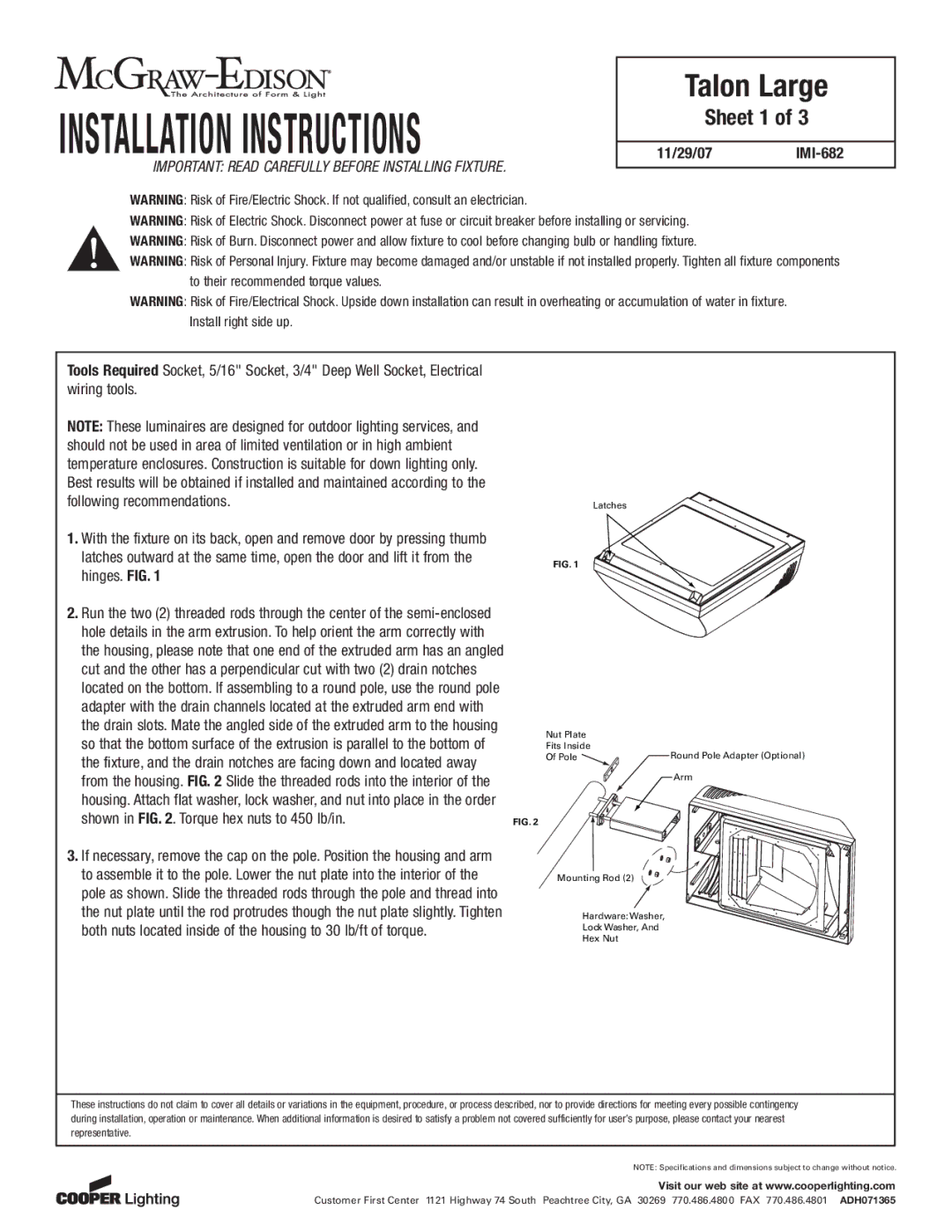 Cooper Lighting IMI-682 installation instructions Sheet 1, Hinges. FIG, Shown in . Torque hex nuts to 450 lb/in 