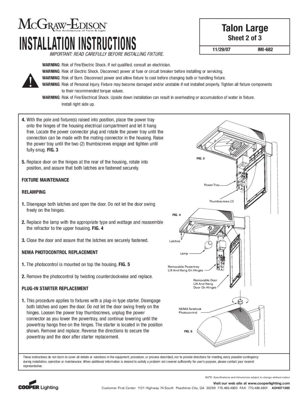 Cooper Lighting IMI-682 Sheet 2, Fixture Maintenance Relamping, Nema Photocontrol Replacement, PLUG-IN Starter Replacement 