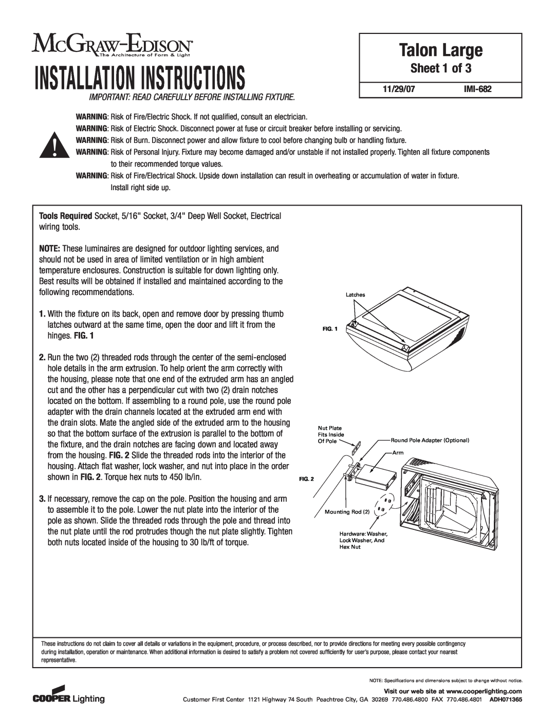 Cooper Lighting IMI-682 installation instructions Installation Instructions, Talon Large, Sheet 1 of 
