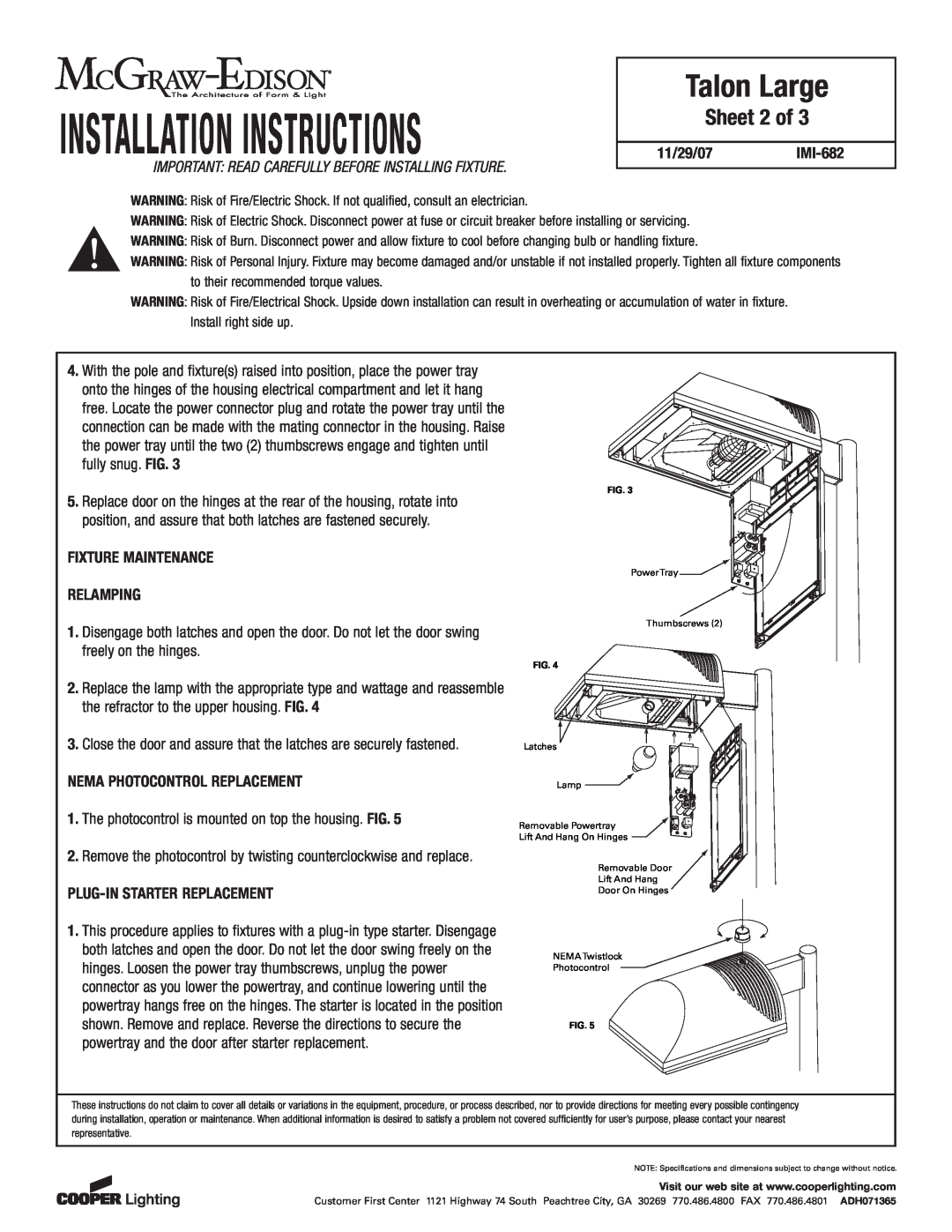 Cooper Lighting IMI-682 installation instructions Sheet 2 of, Installation Instructions, Talon Large 