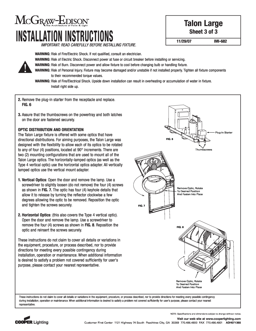 Cooper Lighting IMI-682 installation instructions Sheet 3 of, Installation Instructions, Talon Large 