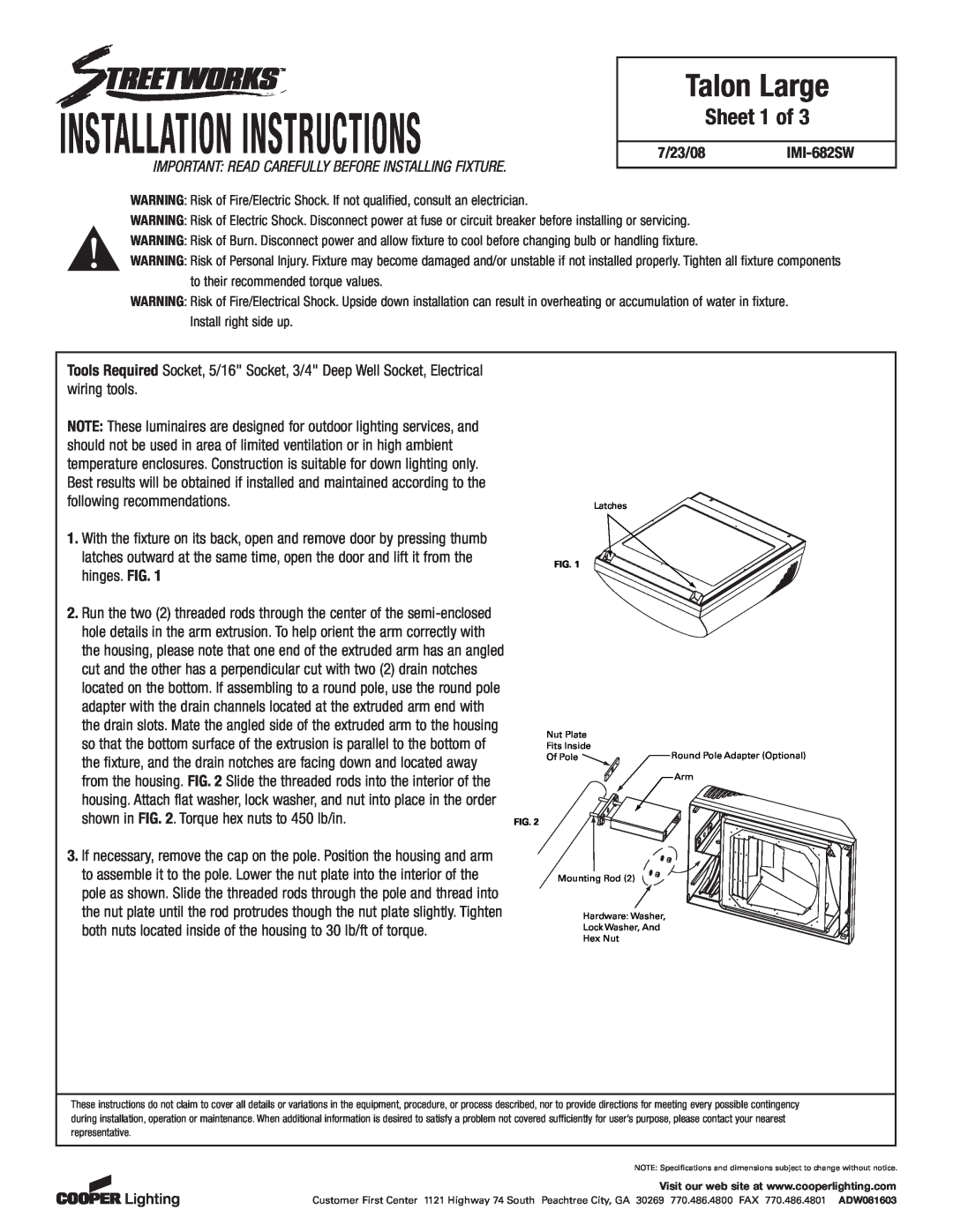 Cooper Lighting installation instructions Installation Instructions, Talon Large, Sheet 1 of, 7/23/08IMI-682SW 