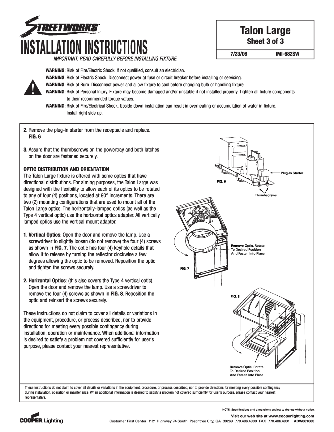Cooper Lighting IMI-682SW installation instructions Sheet 3 of, Installation Instructions, Talon Large 