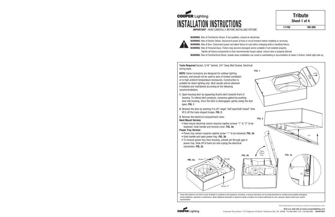 Cooper Lighting IMI-685 installation instructions Tribute, Sheet 1 