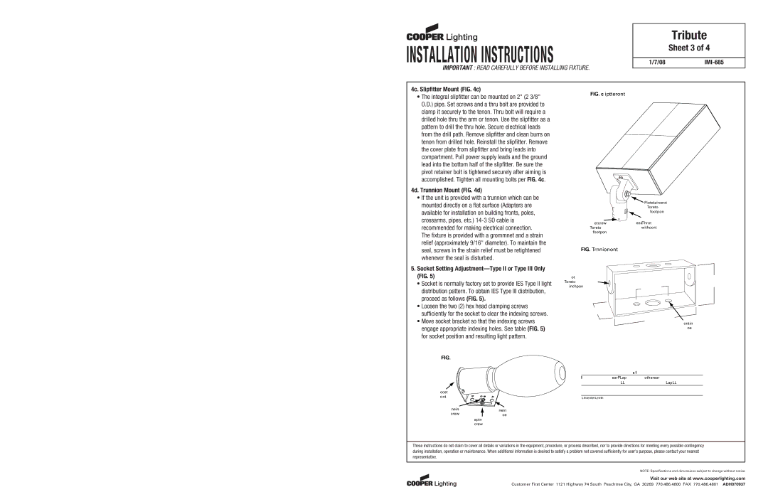 Cooper Lighting installation instructions Sheet 3, 08IMI-685 4c. Slipfitter Mount c, 4d. Trunnion Mount d 