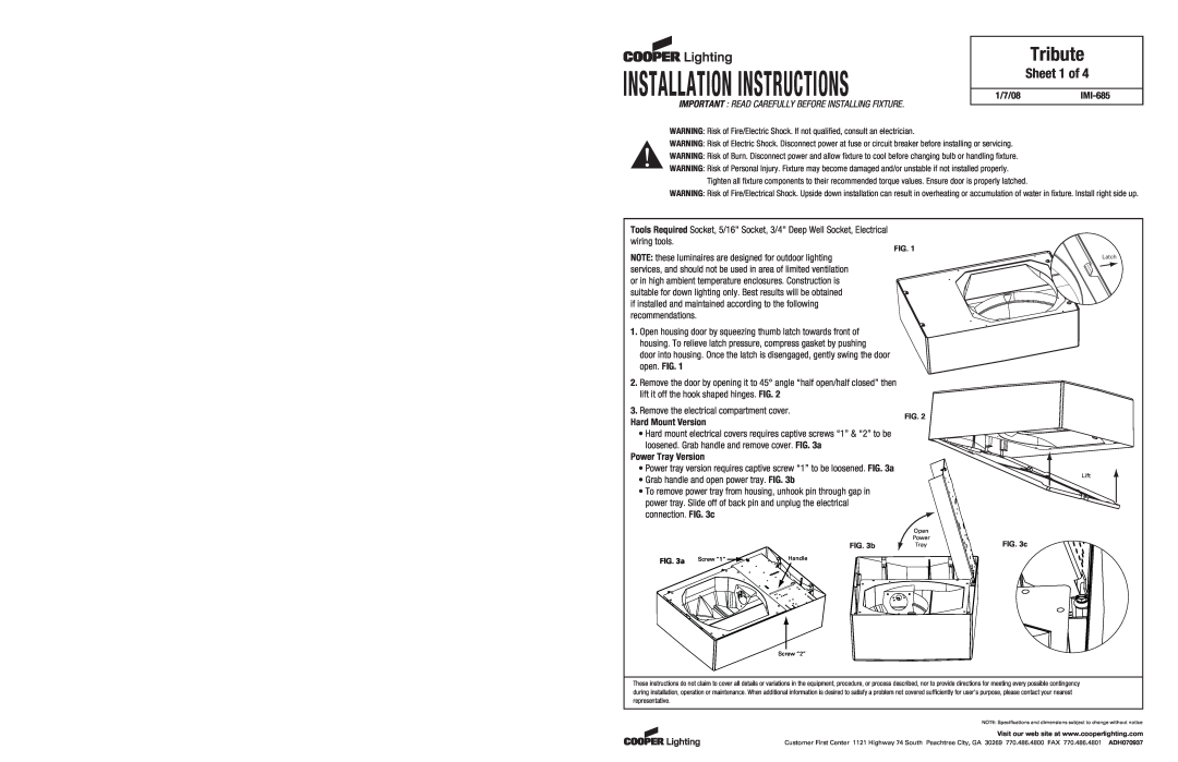 Cooper Lighting IMI-685 installation instructions Tribute, Installation Instructions, Sheet 1 of 