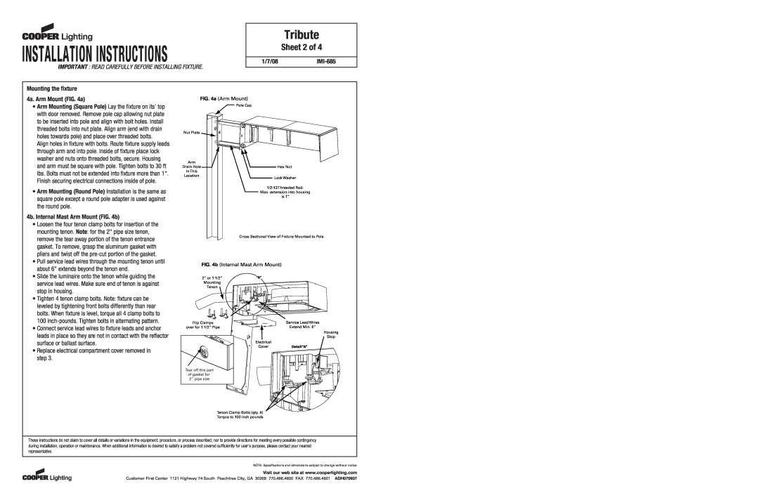 Cooper Lighting IMI-685 installation instructions Sheet 2 of, Tribute, Installation Instructions 