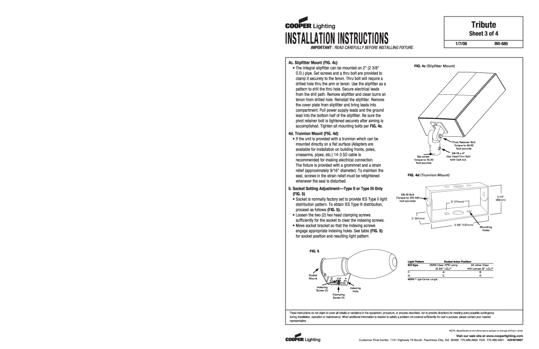 Cooper Lighting IMI-685 Sheet 3 of, Tribute, Installation Instructions, c Slipﬁtter Mount, d Trunnion Mount 