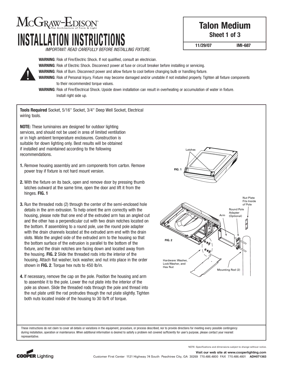 Cooper Lighting IMI-687 installation instructions Installation Instructions, Sheet 1 