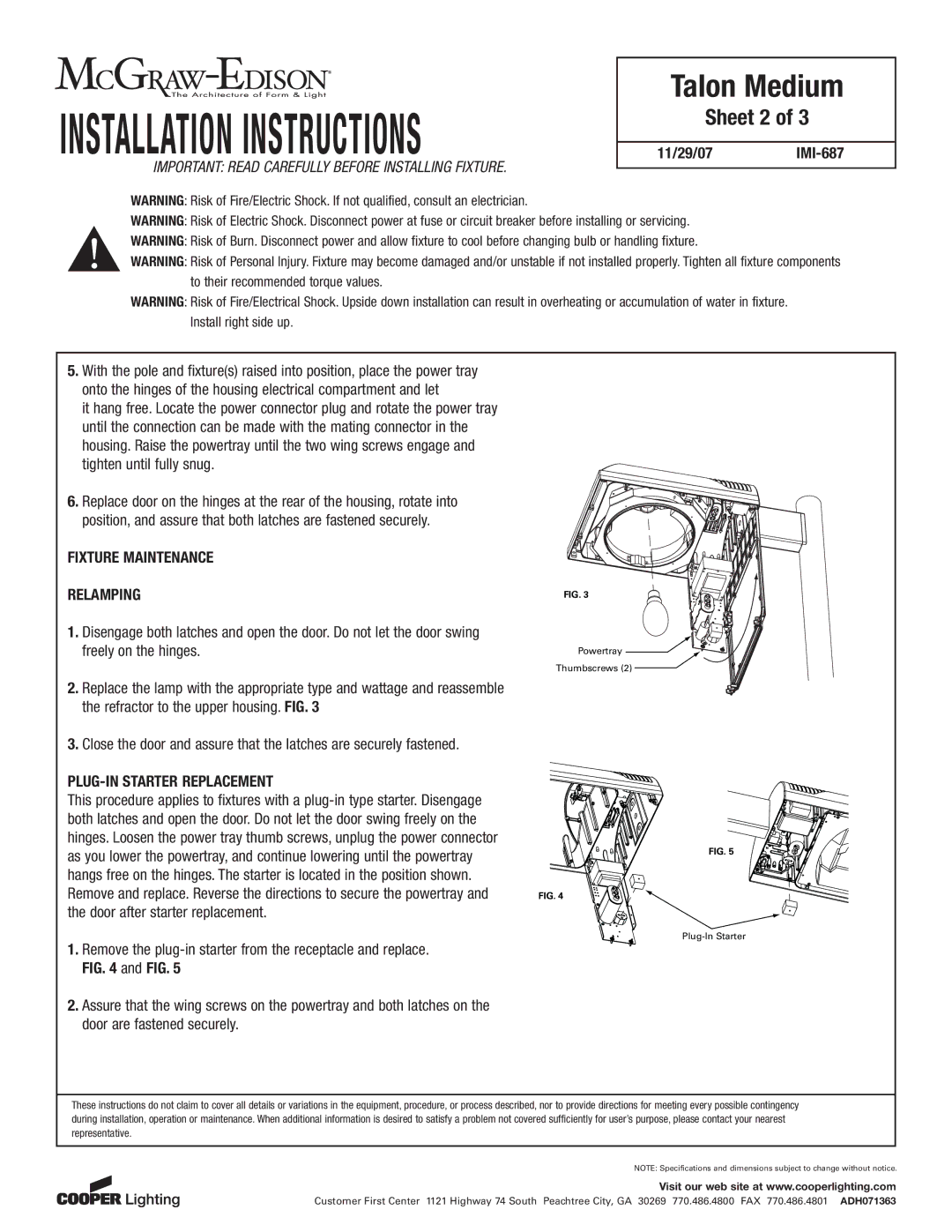 Cooper Lighting IMI-687 installation instructions Sheet 2, Fixture Maintenance Relamping, PLUG-IN Starter Replacement 