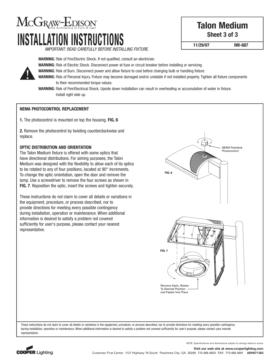 Cooper Lighting IMI-687 Sheet 3, Nema Photocontrol Replacement, Optic Distribution and Orientation 