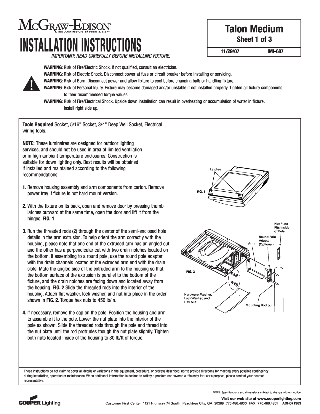 Cooper Lighting IMI-687 installation instructions Installation Instructions, Talon Medium, Sheet 1 of 