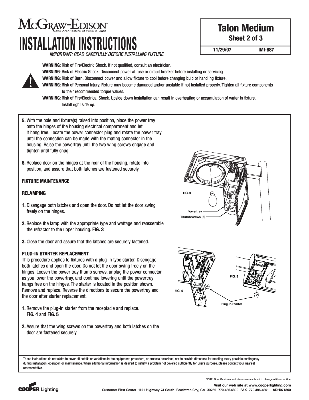 Cooper Lighting IMI-687 installation instructions Sheet 2 of, Installation Instructions, Talon Medium 