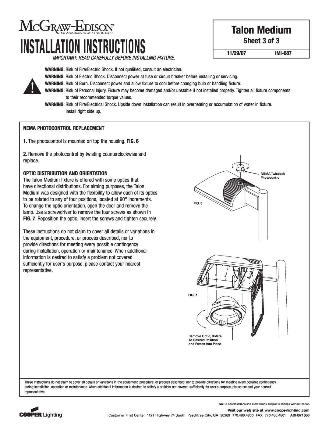 Cooper Lighting Sheet 3 of, Installation Instructions, Talon Medium, 11/29/07IMI-687, Nema Photocontrol Replacement 