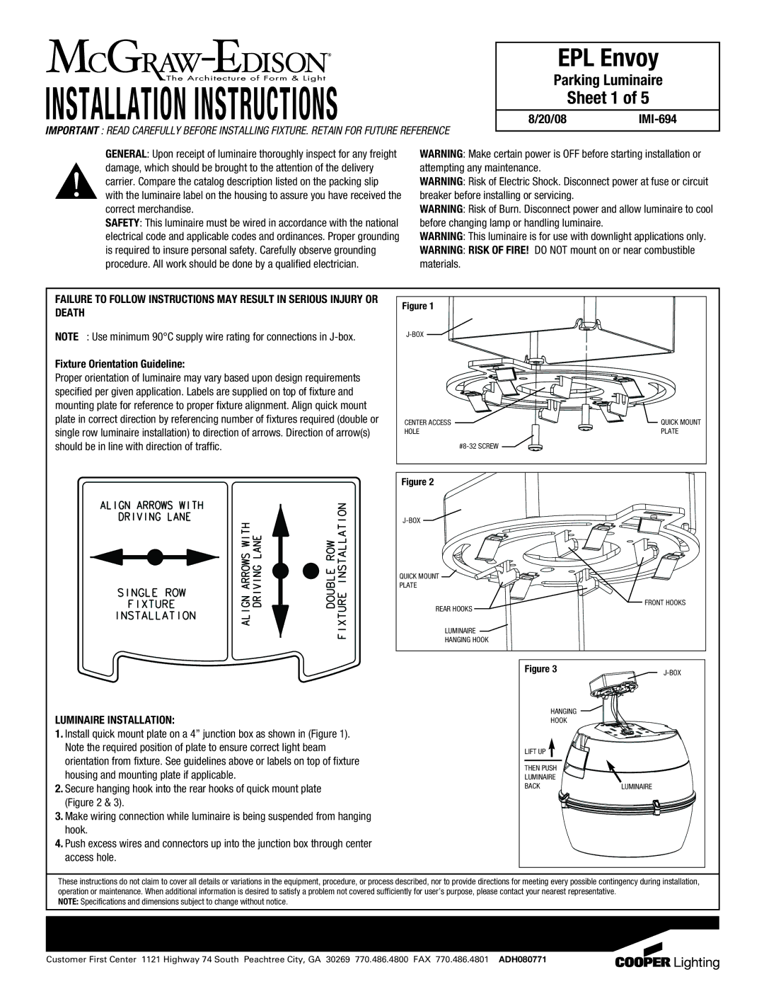 Cooper Lighting IMI-694 specifications Sheet 1, Fixture Orientation Guideline, Luminaire Installation 