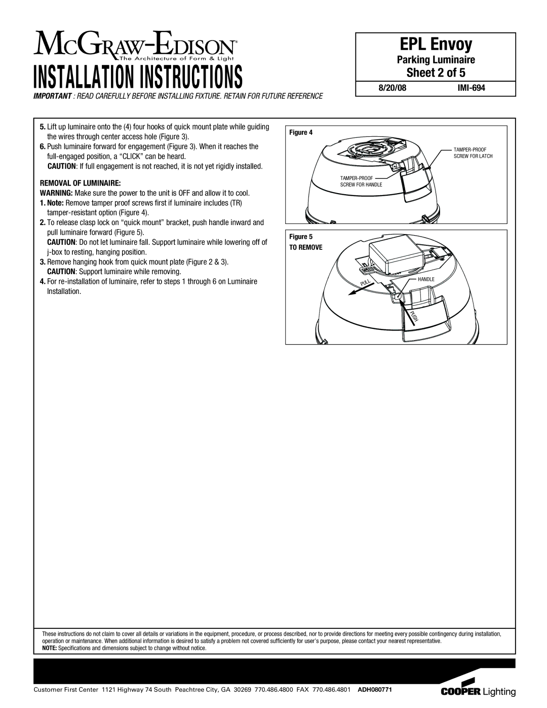 Cooper Lighting IMI-694 Sheet 2, Removal of Luminaire, Tamper-resistant option Figure, Pull luminaire forward Figure 