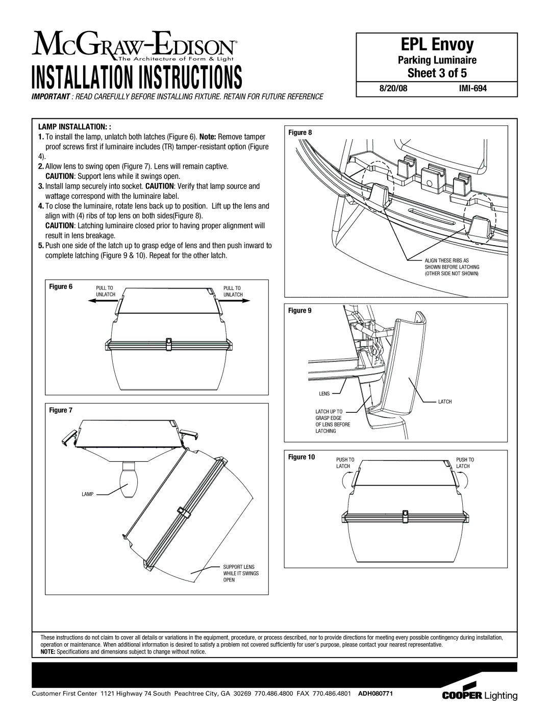 Cooper Lighting IMI-694 specifications Sheet 3, Lamp Installation 