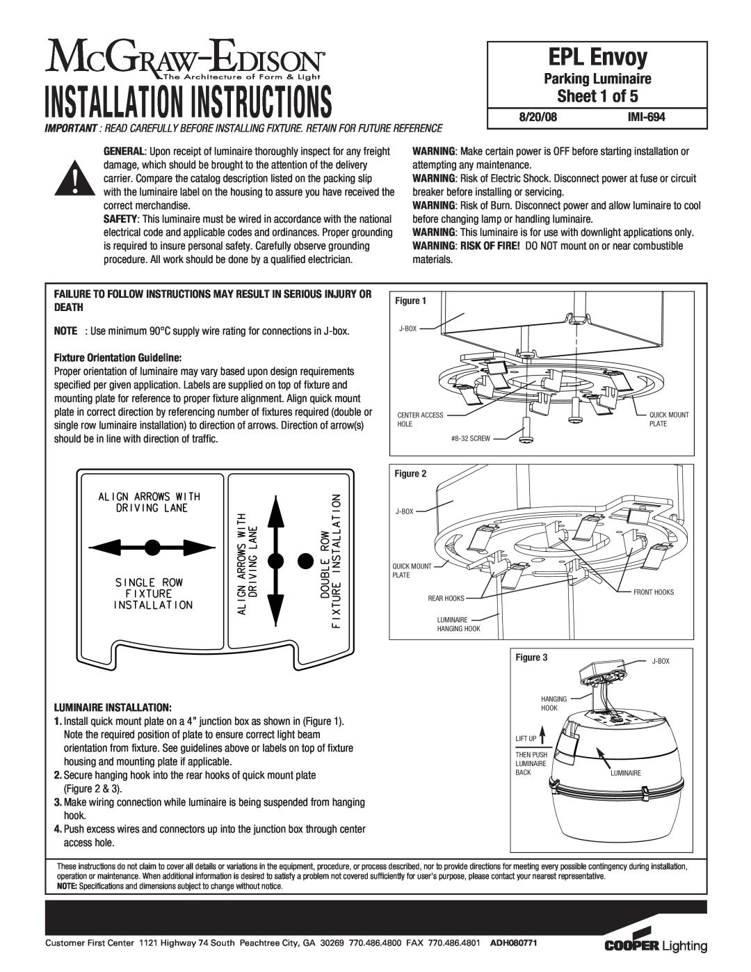 Cooper Lighting specifications Installation Instructions, EPL Envoy, Sheet 1 of, Parking Luminaire, 8/20/08IMI-694 