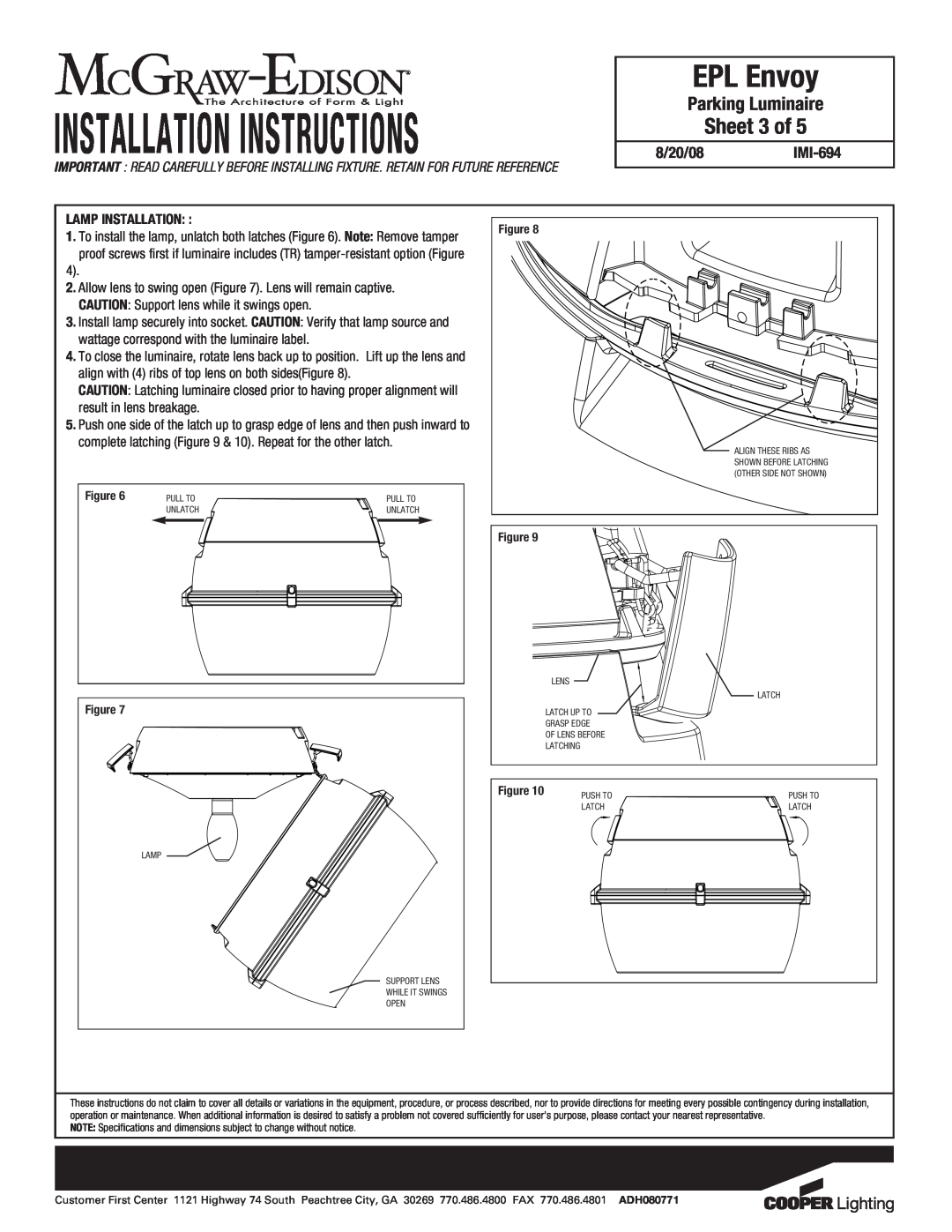 Cooper Lighting specifications Sheet 3 of, Installation Instructions, EPL Envoy, Parking Luminaire, 8/20/08IMI-694 