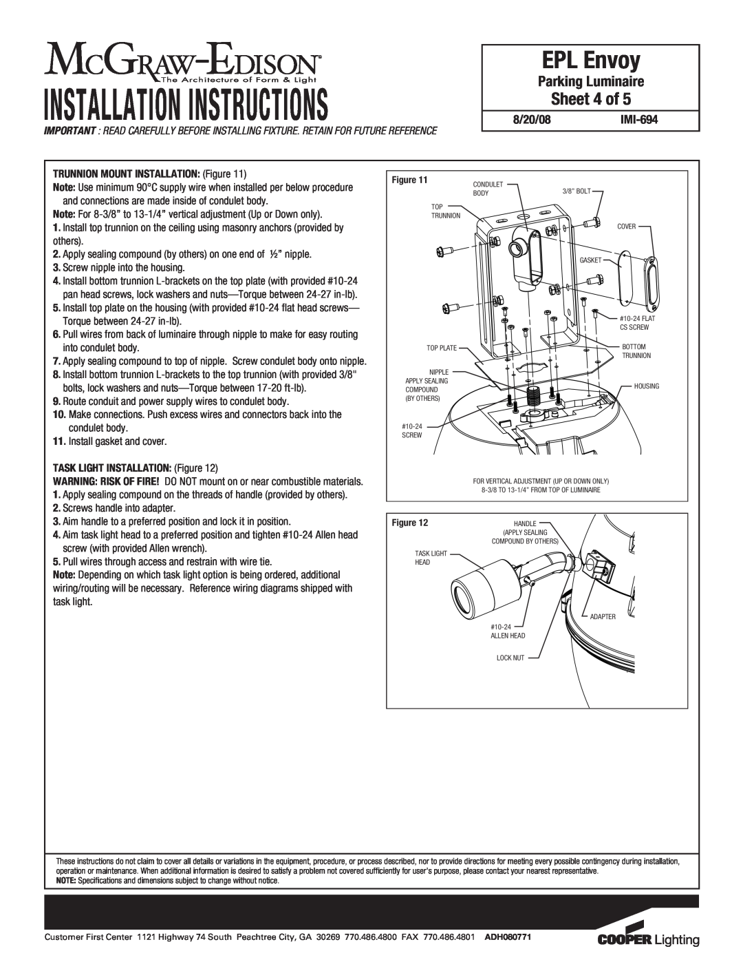 Cooper Lighting specifications Sheet 4 of, Installation Instructions, EPL Envoy, Parking Luminaire, 8/20/08IMI-694 