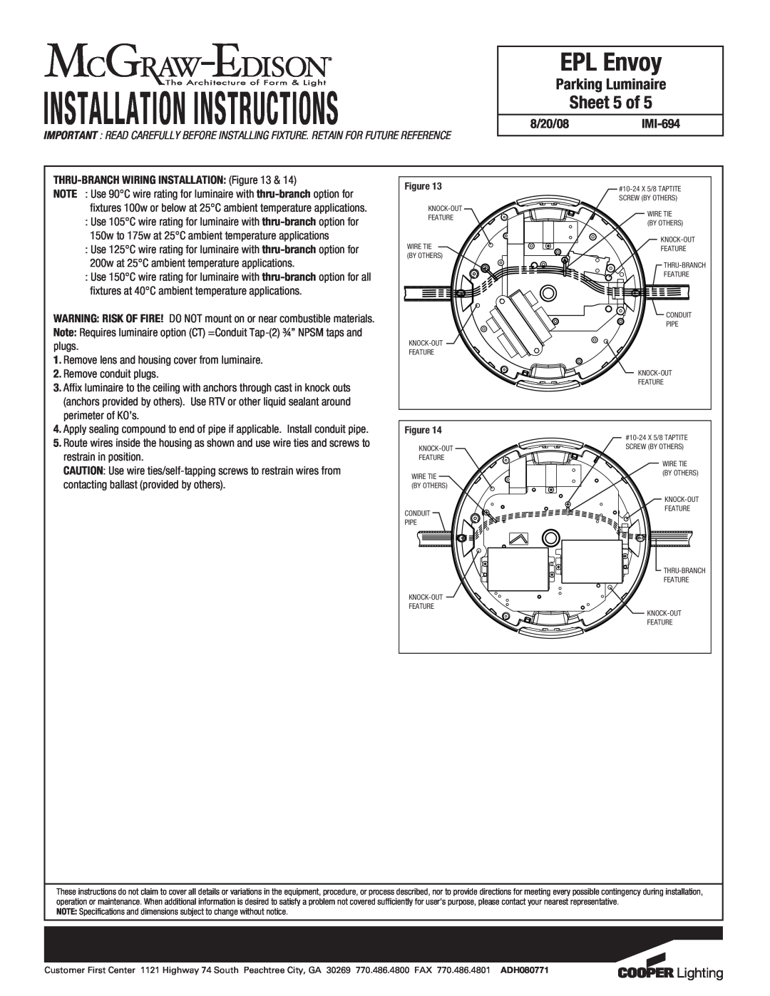 Cooper Lighting specifications Sheet 5 of, Installation Instructions, EPL Envoy, Parking Luminaire, 8/20/08IMI-694 