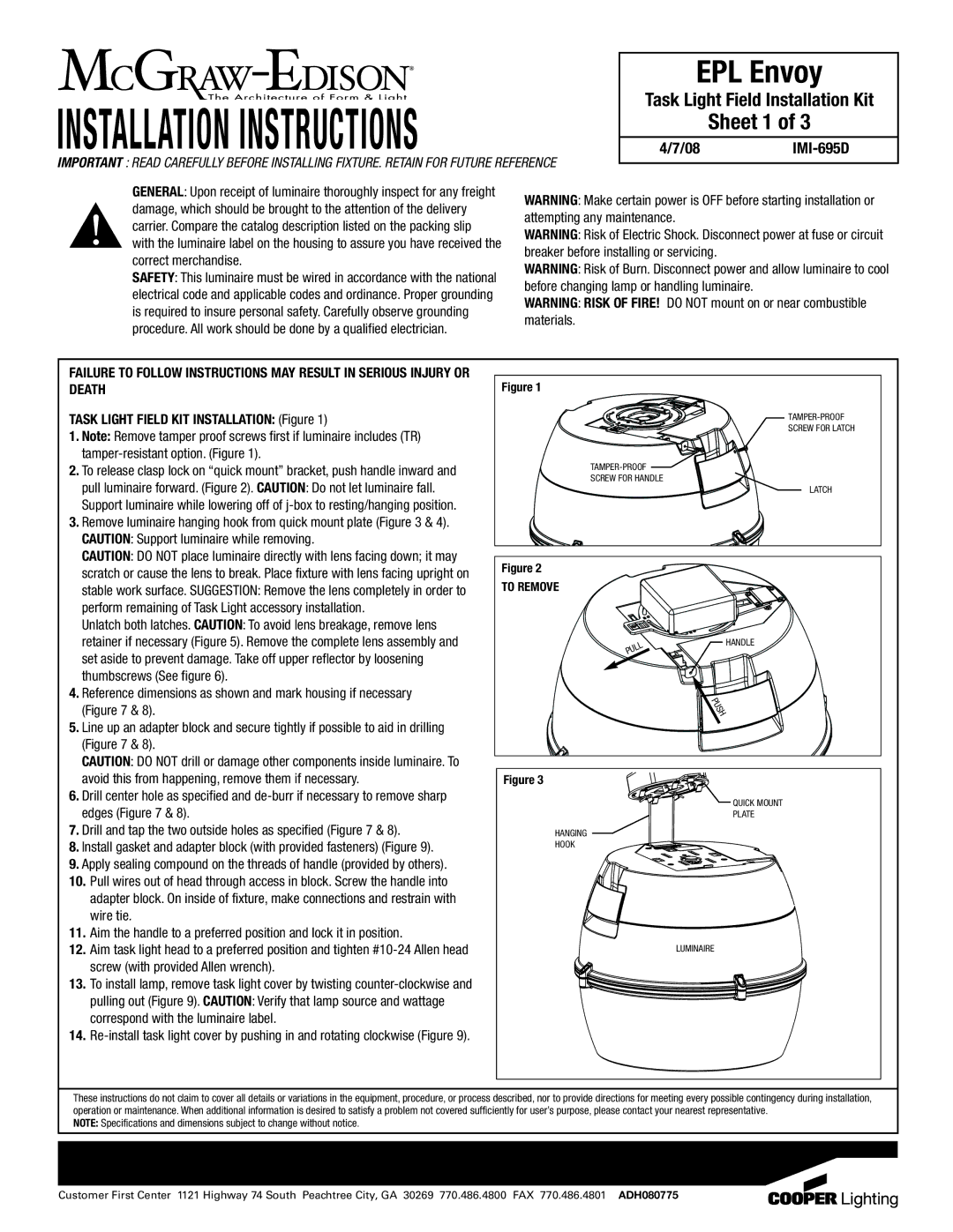 Cooper Lighting IMI-6950 dimensions Sheet 1, TAMPER-PROOF Screw for Latch Screw for Handle 