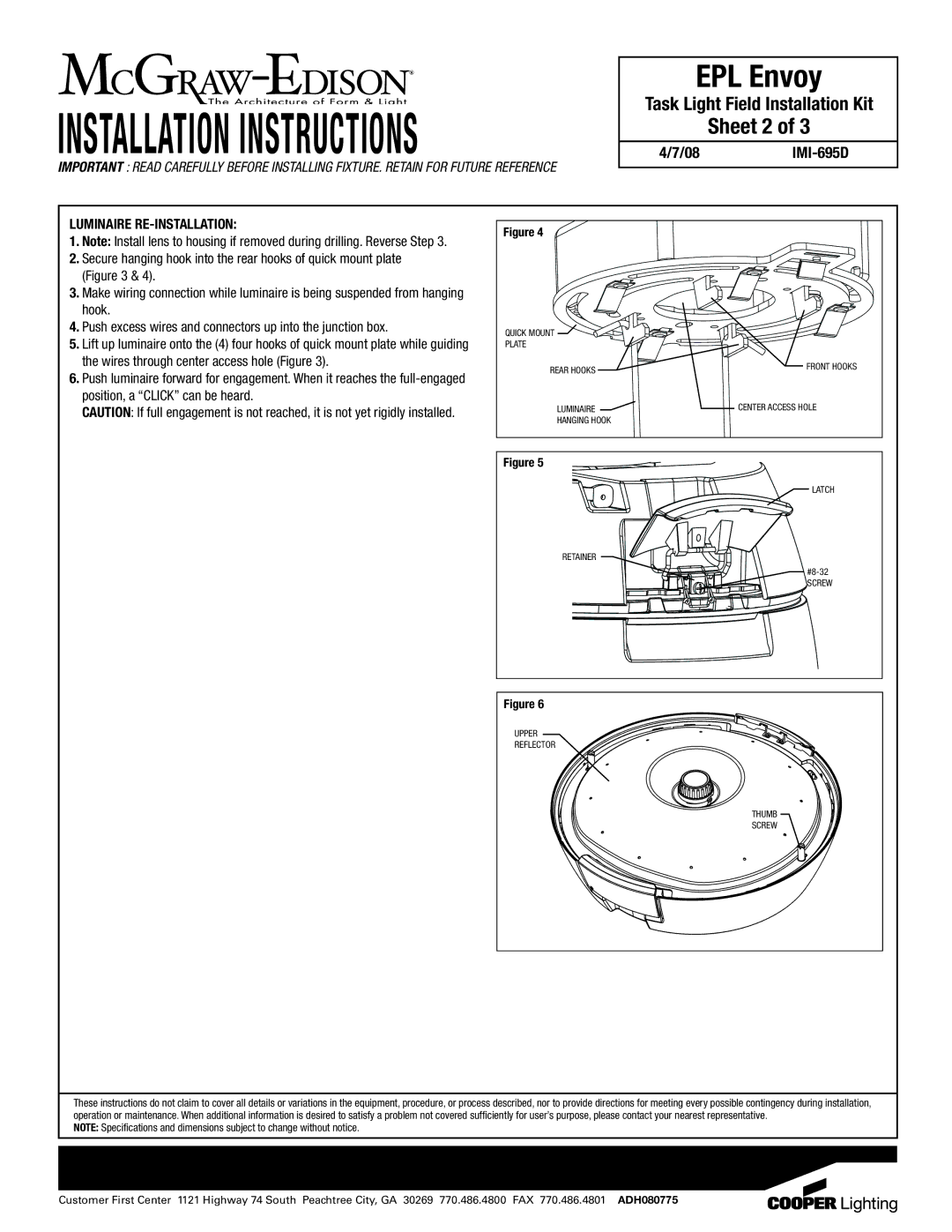 Cooper Lighting IMI-6950 Sheet 2, Quick Mount Plate, Center Access Hole, Latch Retainer, Screw Upper Reflector Thumb 