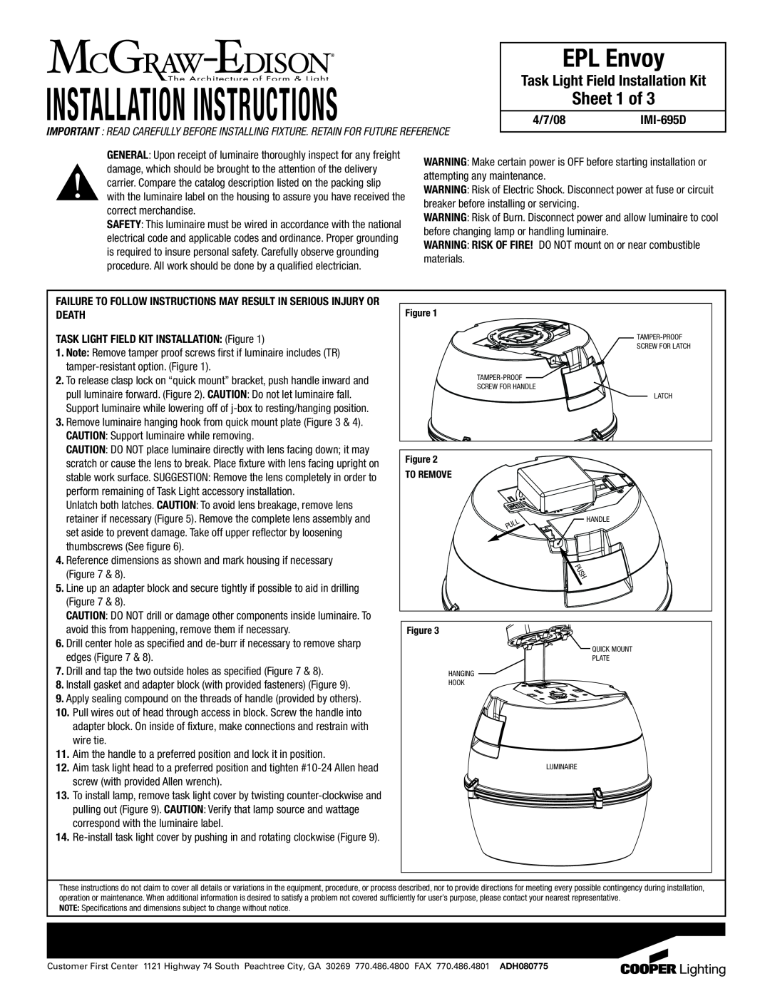 Cooper Lighting IMI-6950 dimensions Installation Instructions, EPL Envoy, Sheet 1 of, Task Light Field Installation Kit 