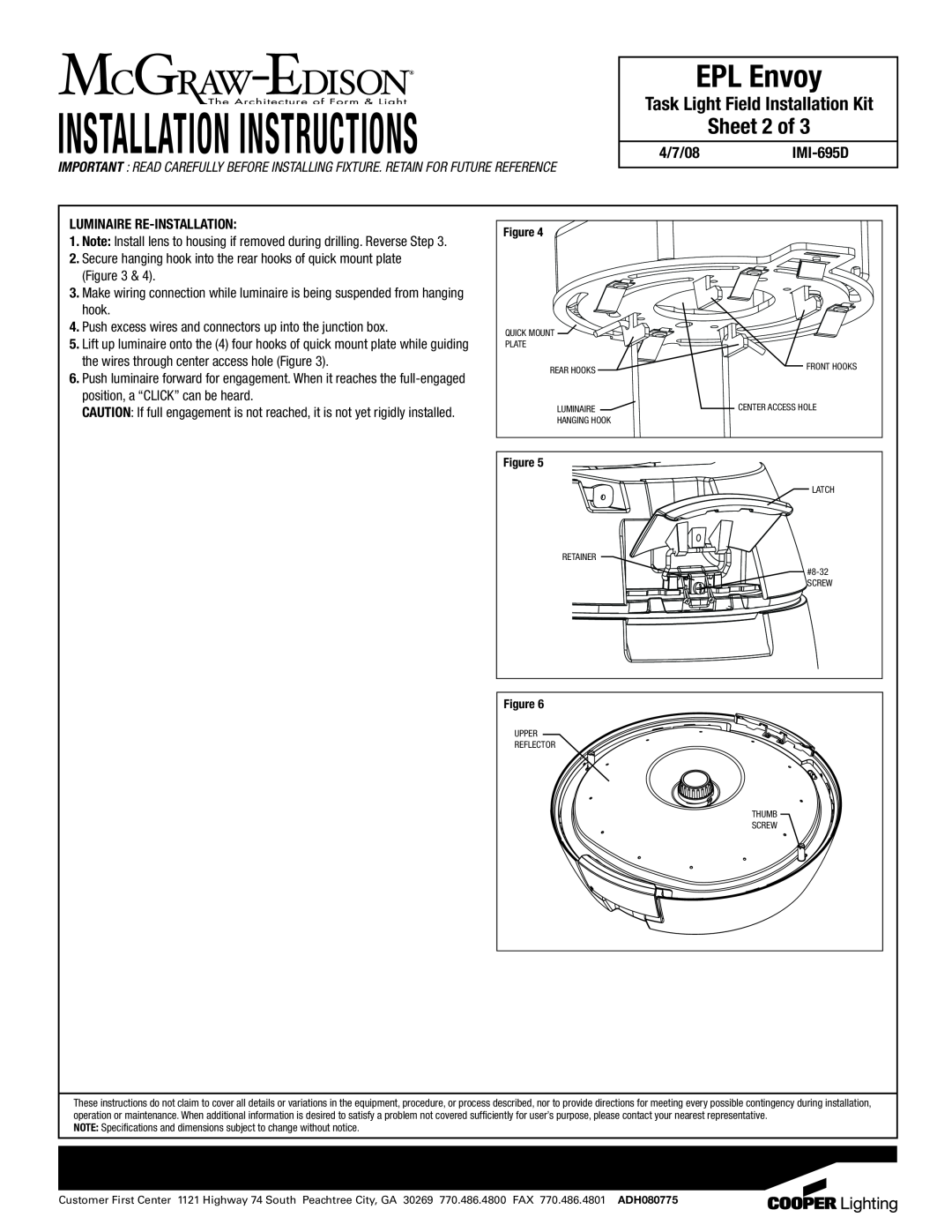 Cooper Lighting IMI-6950 dimensions Sheet 2 of, Installation Instructions, EPL Envoy, Task Light Field Installation Kit 