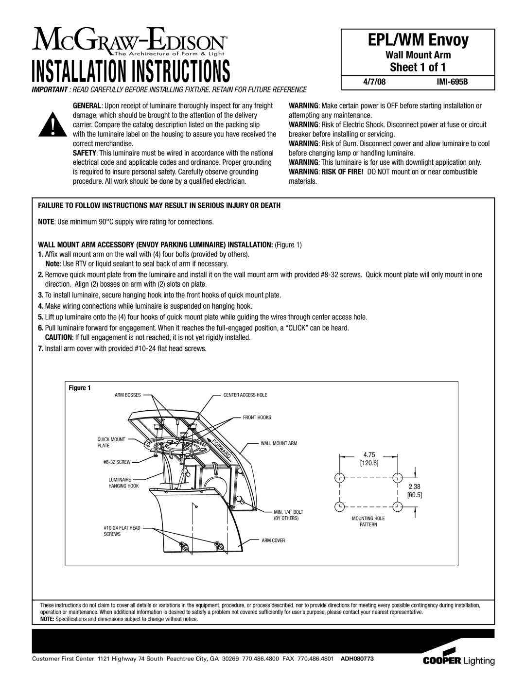 Cooper Lighting installation instructions Installation Instructions, EPL/WM Envoy, Sheet 1, 08IMI-695B 