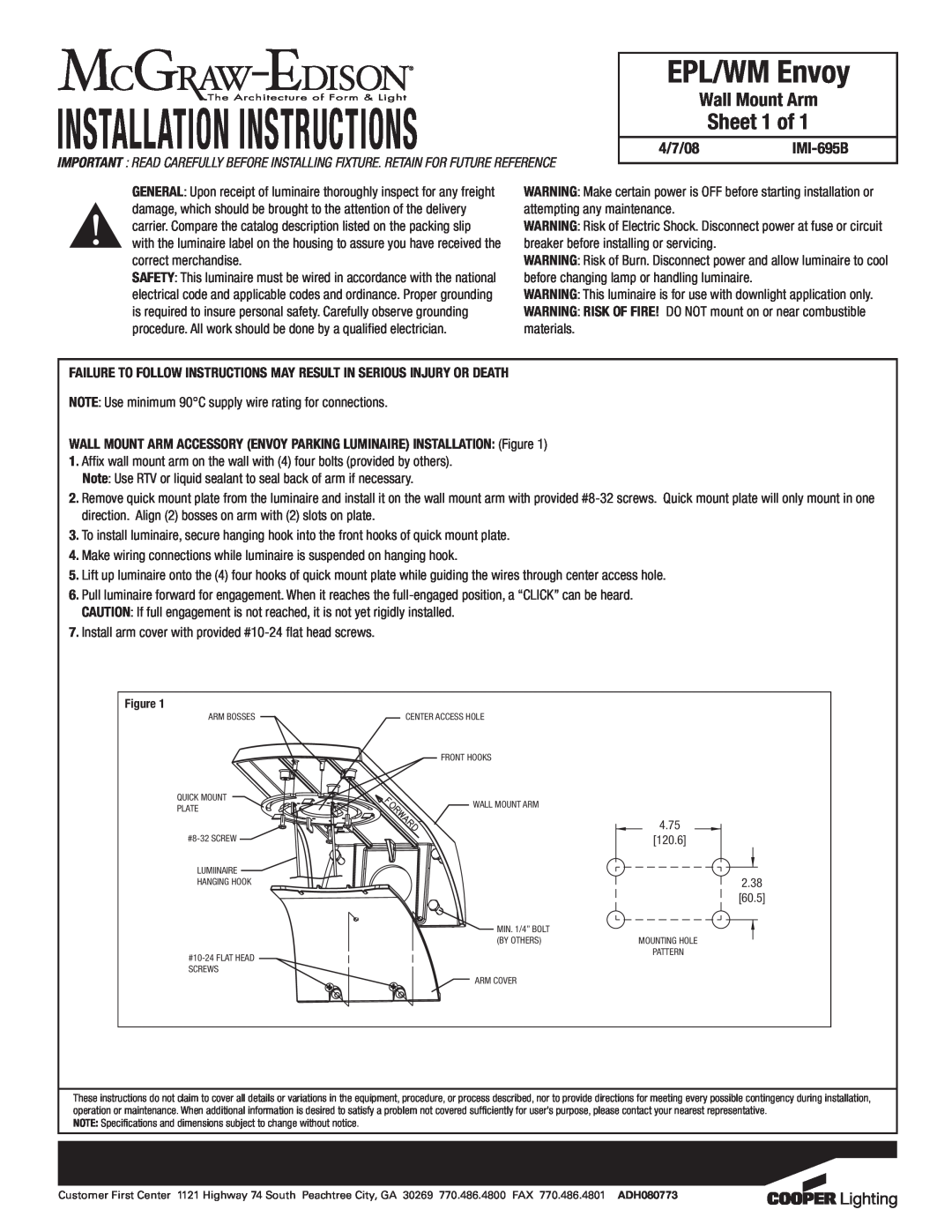 Cooper Lighting IMI-695B installation instructions Installation Instructions, EPL/WM Envoy, Sheet 1 of, Wall Mount Arm 