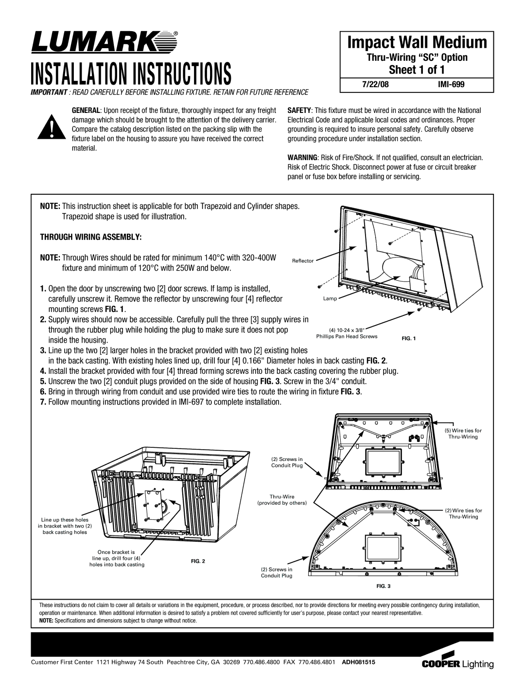 Cooper Lighting IMI-699 installation instructions Installation Instructions, Impact Wall Medium, Sheet 1 