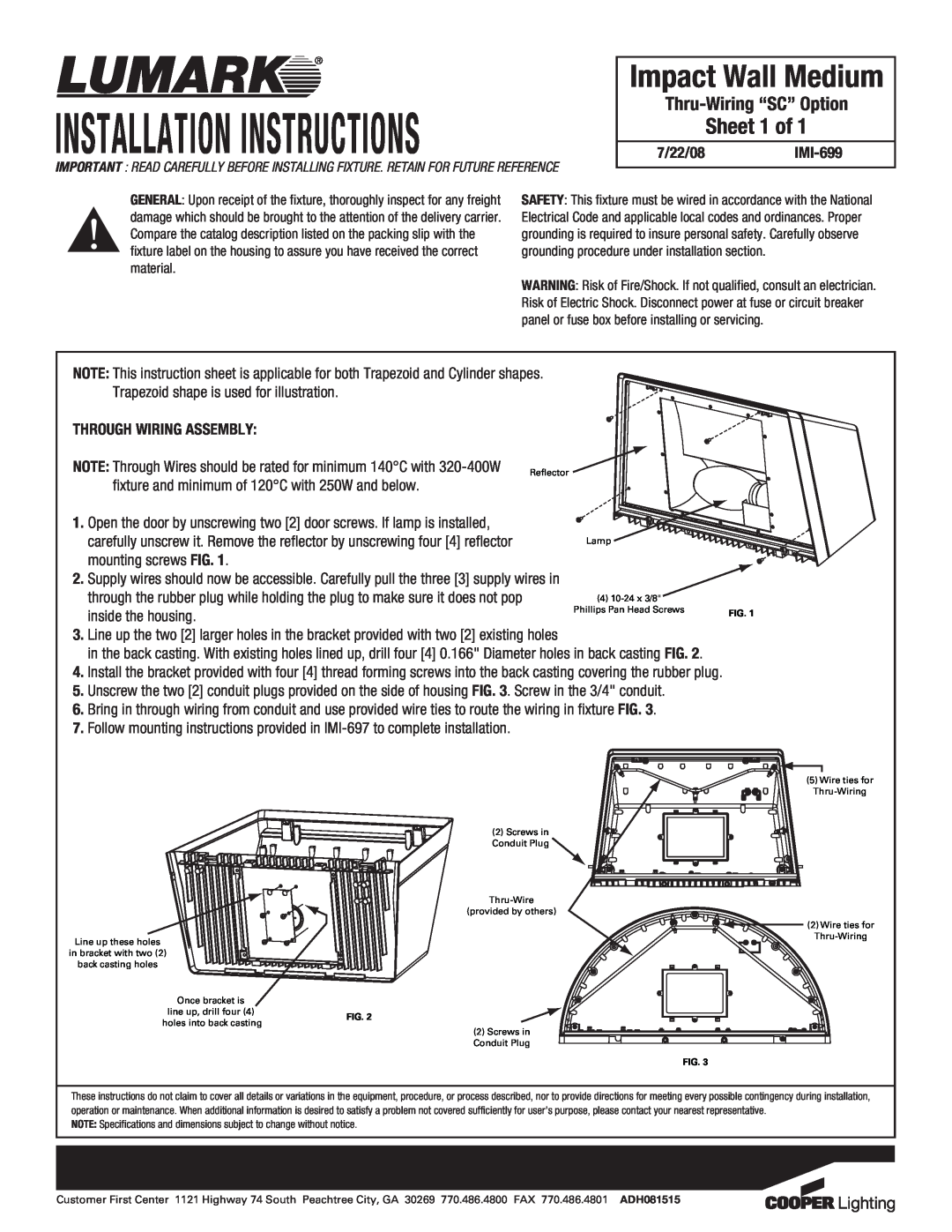 Cooper Lighting IMI-699 installation instructions Installation Instructions, Impact Wall Medium, Sheet 1 of 