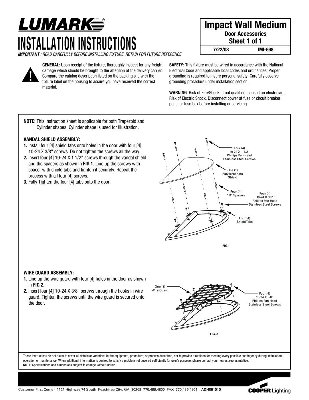 Cooper Lighting Impact Wall Medium installation instructions Installation Instructions, Sheet 1, Vandal Shield Assembly 