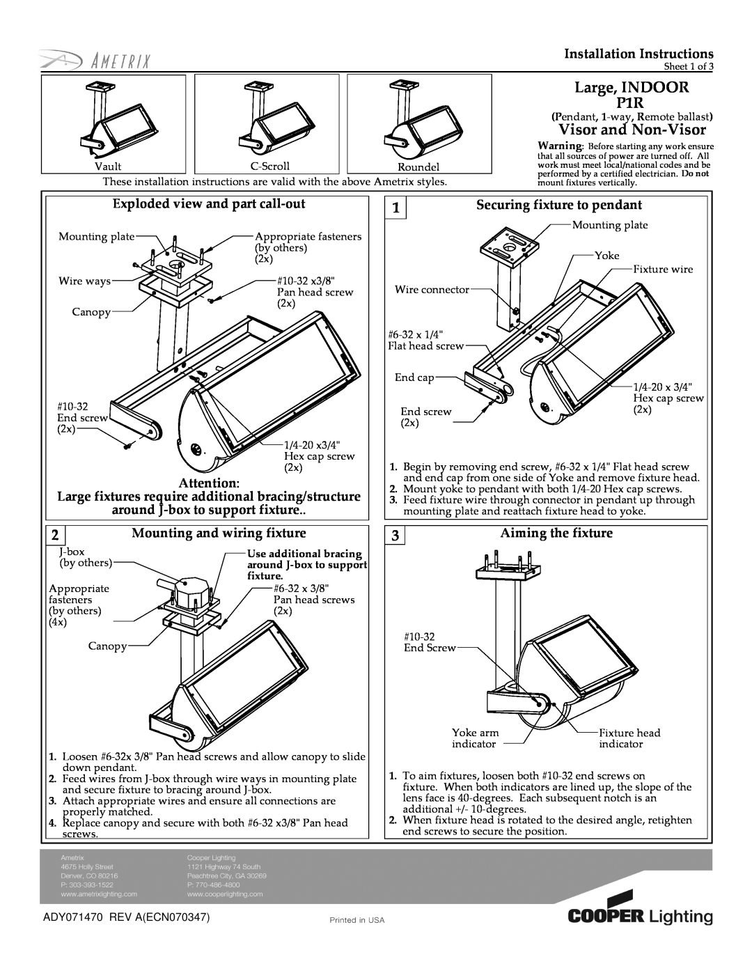 Cooper Lighting Indoor Lighting installation instructions Large, INDOOR P1R, Visor and Non-Visor, 3Aiming the fixture 