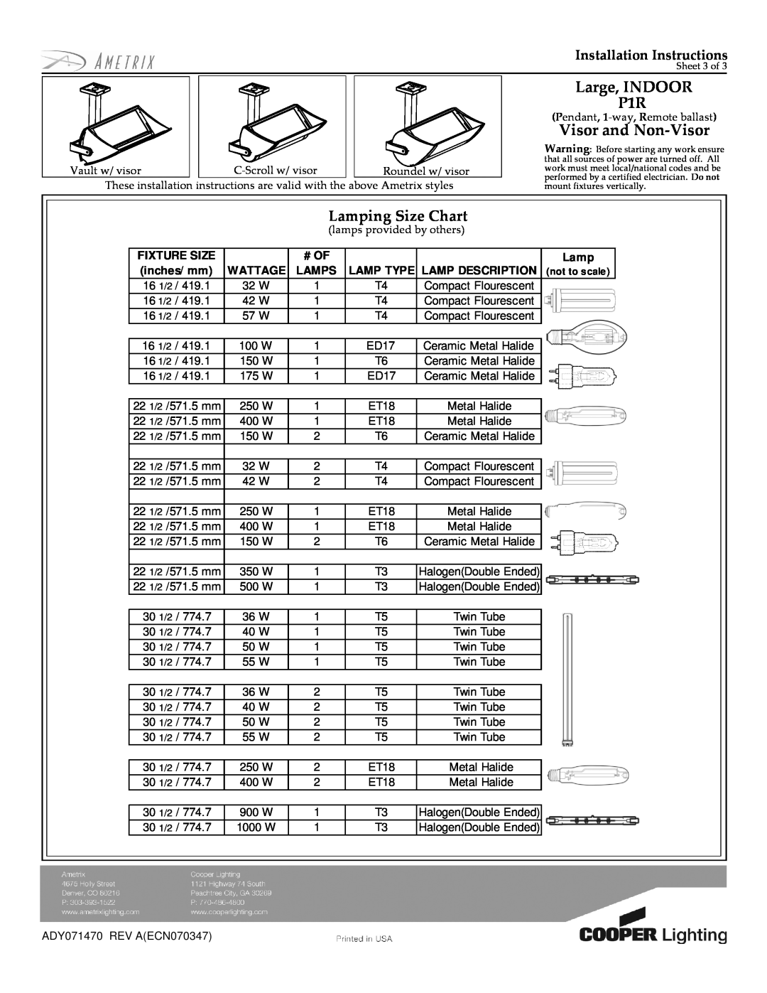 Cooper Lighting Indoor Lighting Lamping Size Chart, Large, INDOOR P1R, Visor and Non-Visor, Installation Instructions 