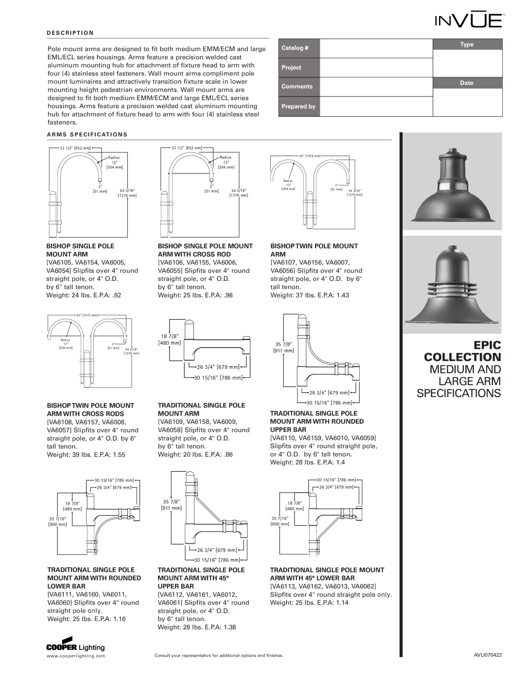 Cooper Lighting Invue specifications Bishop Twin Pole Mount ARM with Cross Rods, Traditional Single Pole Mount ARM 