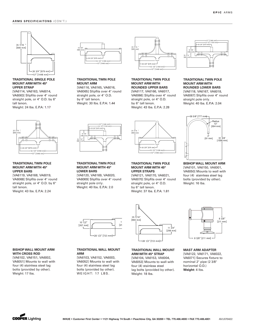 Cooper Lighting Invue specifications Traditional Single Pole Mount ARM with Upper Strap, Traditional Twin Pole Mount ARM 