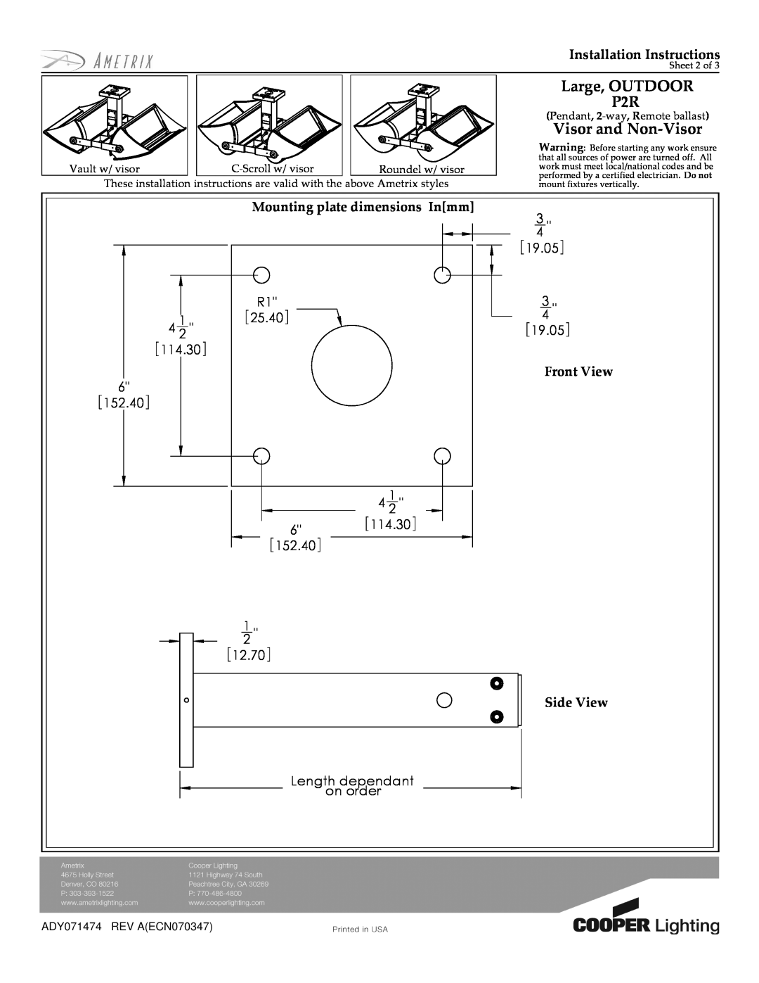 Cooper Lighting J/E-PSW-FX-02 Large, OUTDOOR P2R, Visor and Non-Visor, Installation Instructions, 12.70, ADY071474 