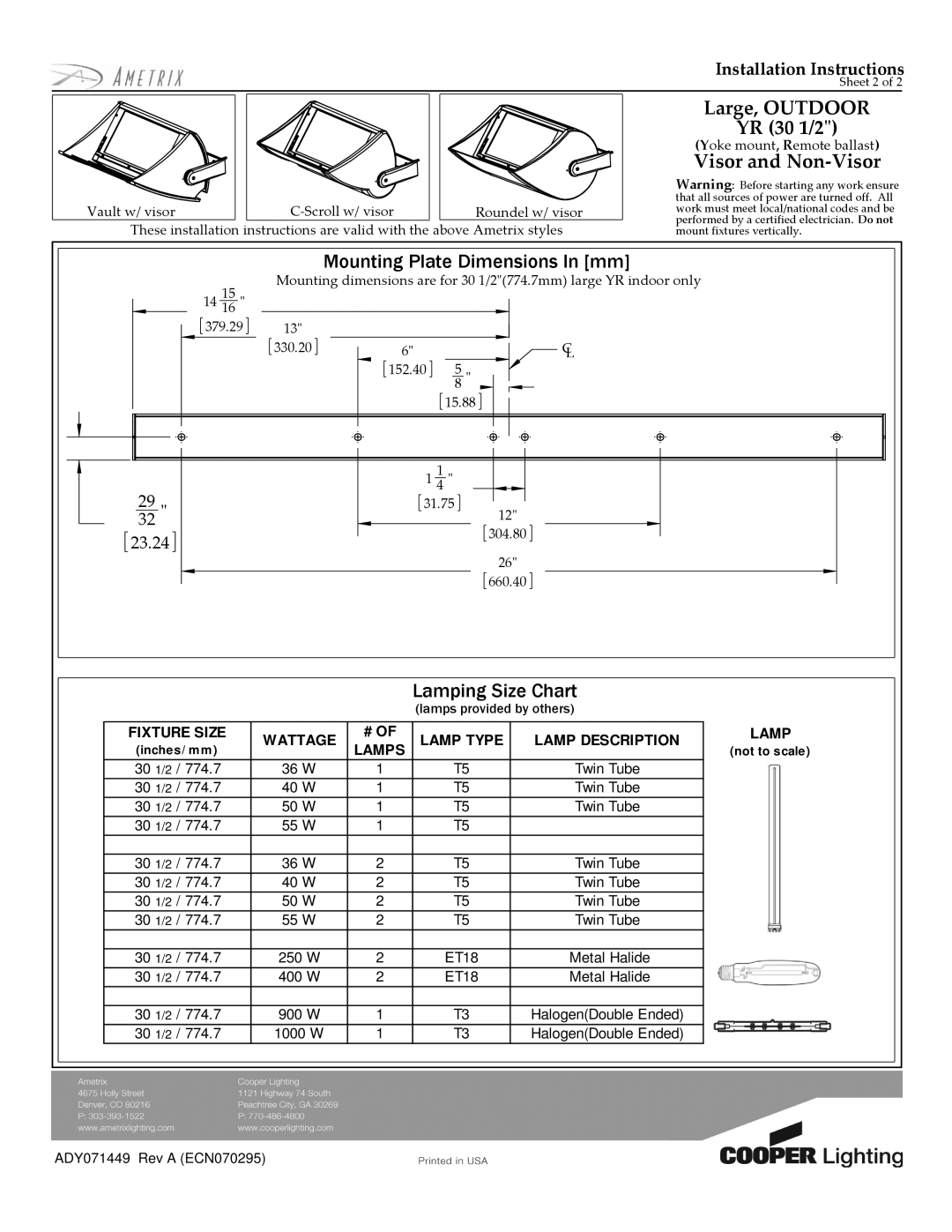 Cooper Lighting J/FE-CF-03 installation instructions Mounting Plate Dimensions In mm, Lamping Size Chart, Lamps 