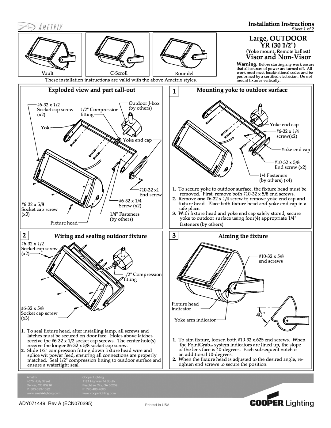 Cooper Lighting J/FE-CF-03 installation instructions Large, OUTDOOR YR 30 1/2, Visor and Non-Visor, Aiming the fixture 