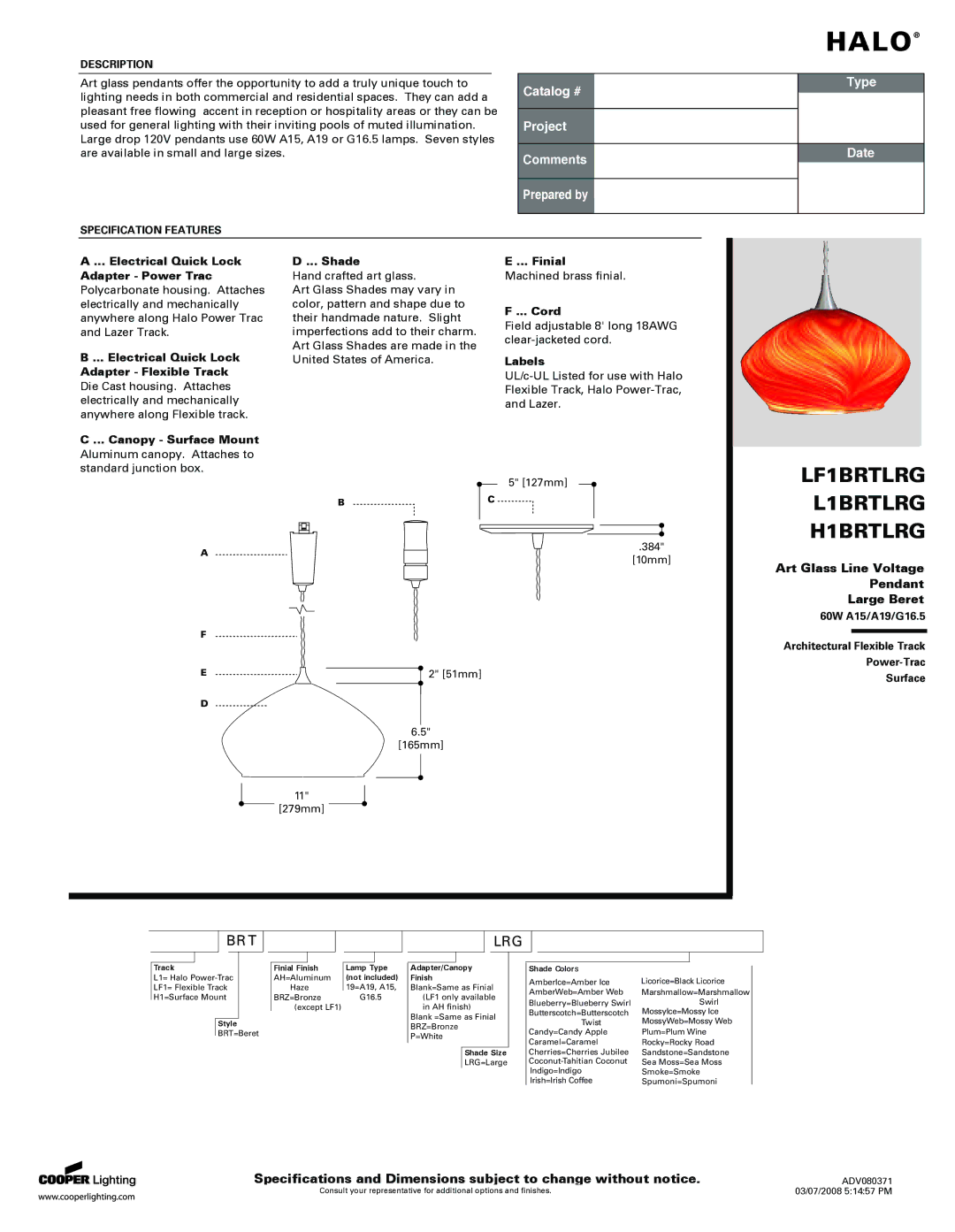 Cooper Lighting LF1BRTLRG specifications Electrical Quick Lock Adapter Power Trac, Canopy Surface Mount, Shade, Finial 